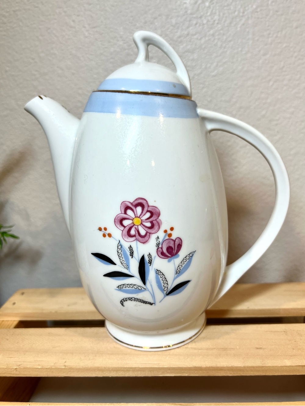 Ohata China Occupied Japan White Porcelain Floral Coffee Pot with Blue Trim